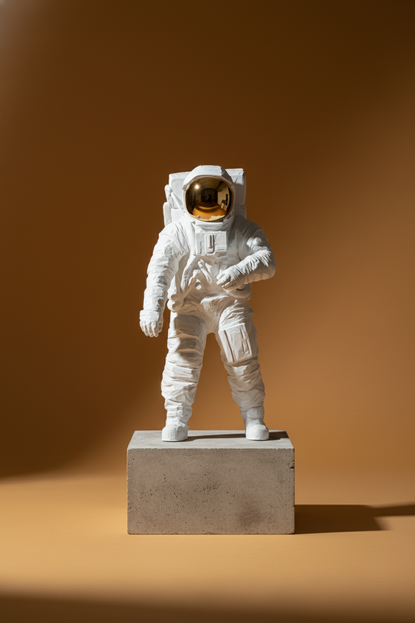 Astronaut sculpture on plinth with ochre background