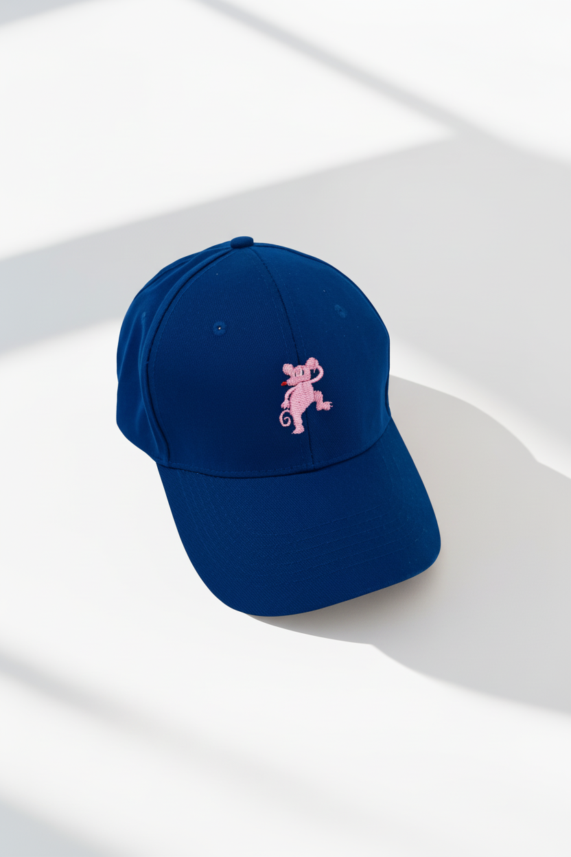 Blue cap with pink monkey on white minimal background