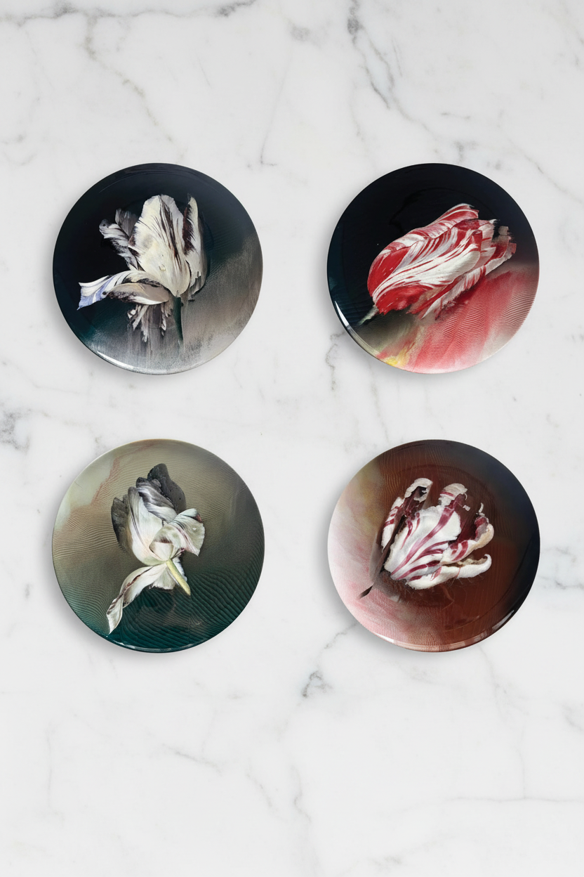 Four tulip plates vertical format with marble grey white background
