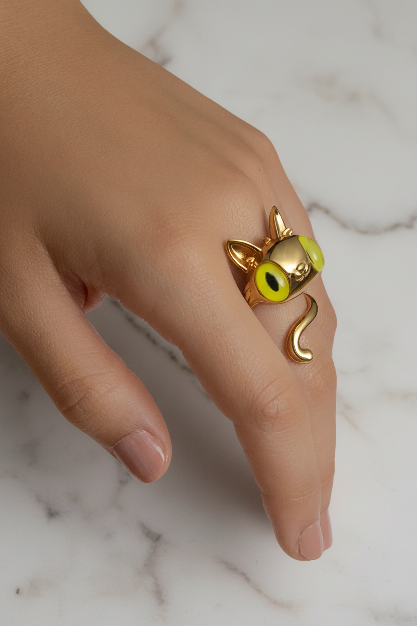Gold cat ring on hand with white marble background