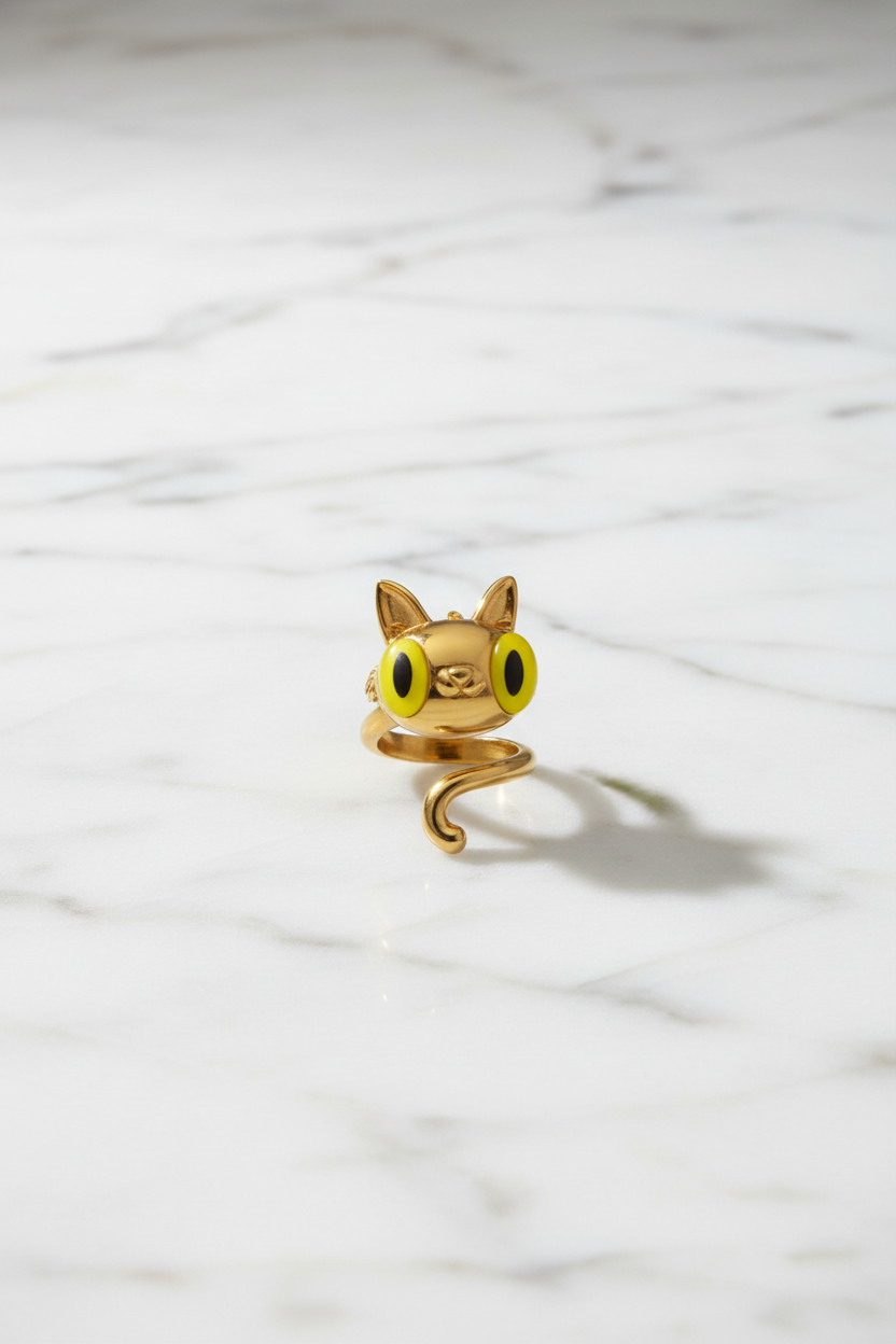 Gold cat ring product shot with white marble background
