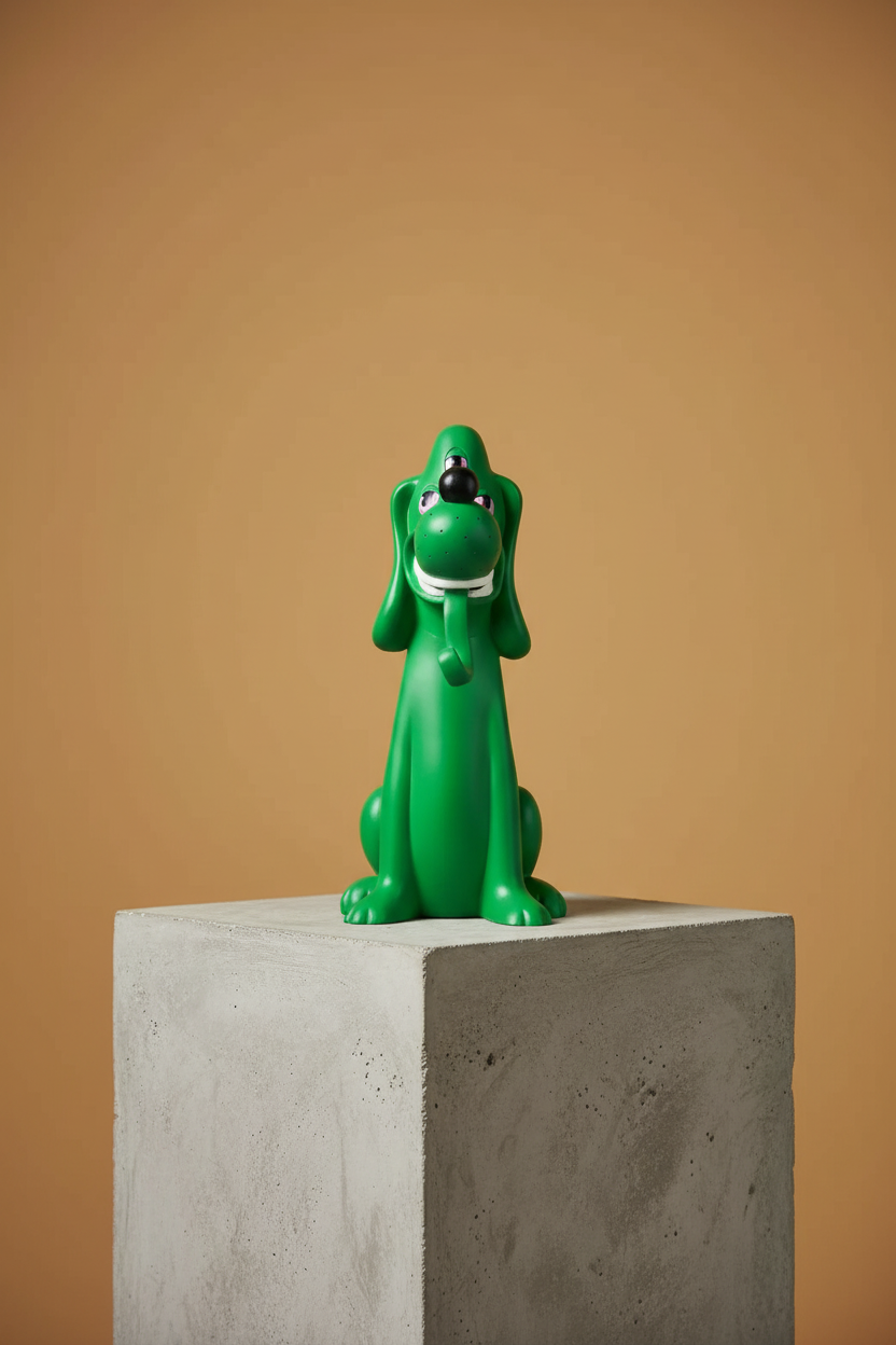 Green dog sculpture on concrete plinth with ochre background