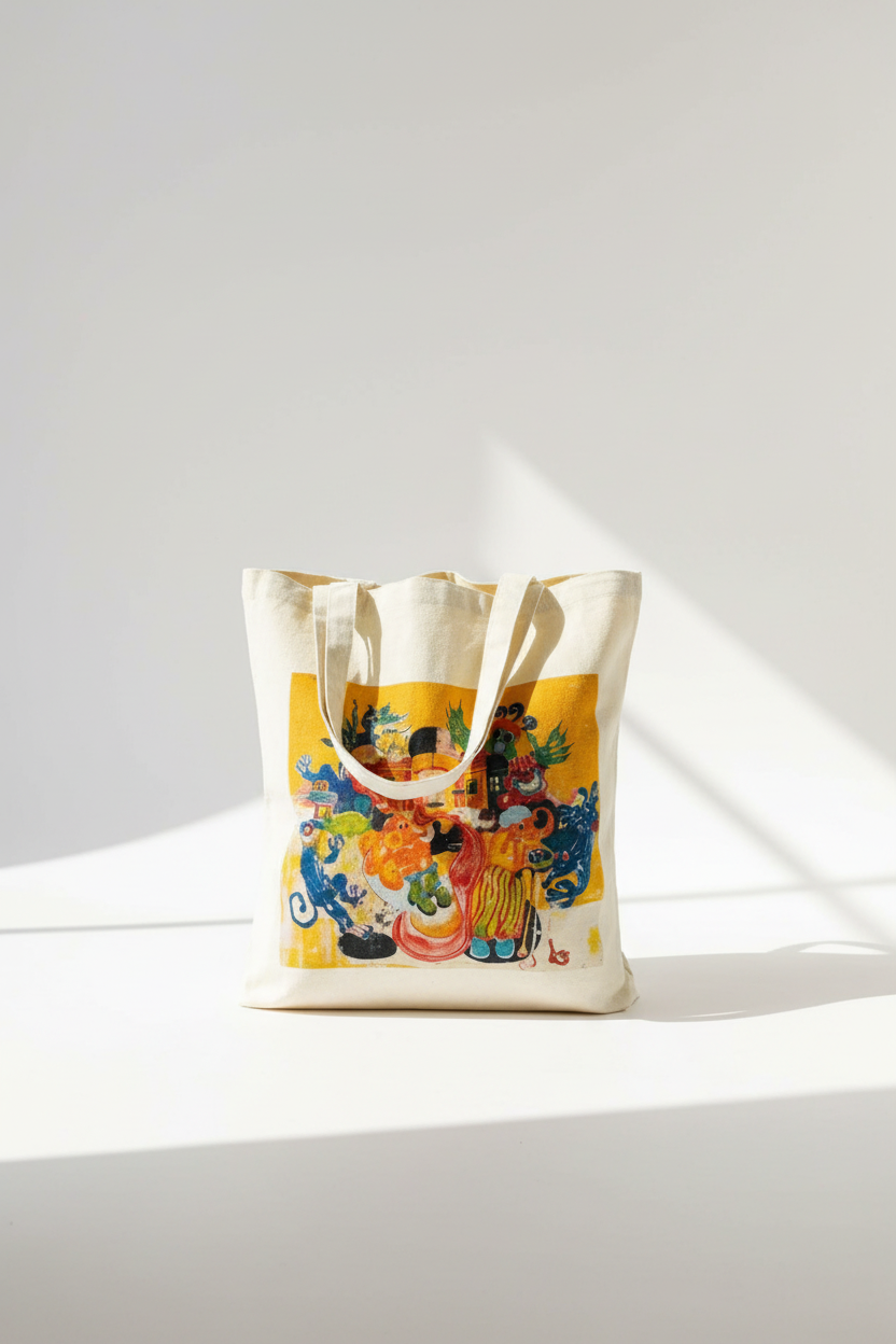 Light minimal tote bag with colorful illustration