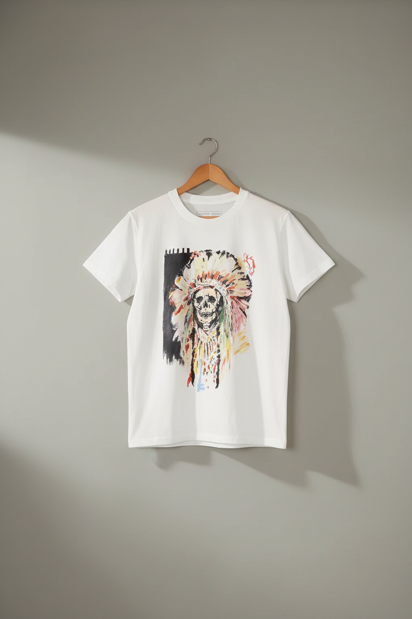 T-shirt front on hanger with light grey background