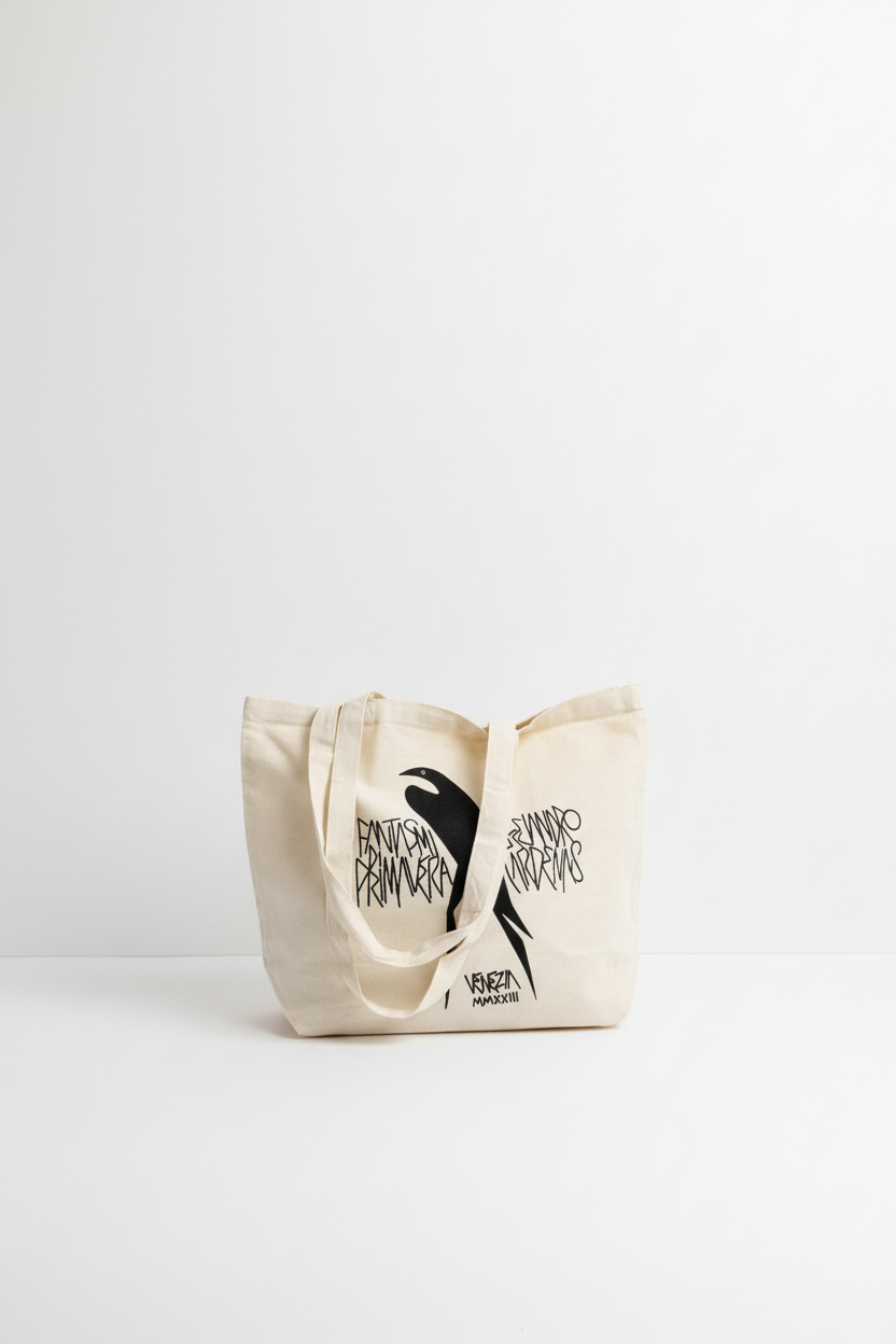 Tote bag with graphic design on white minimal background